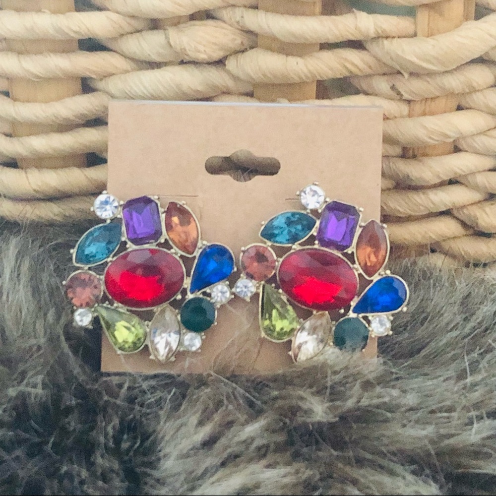 Vintage 80s colorful glass stone cluster earrings